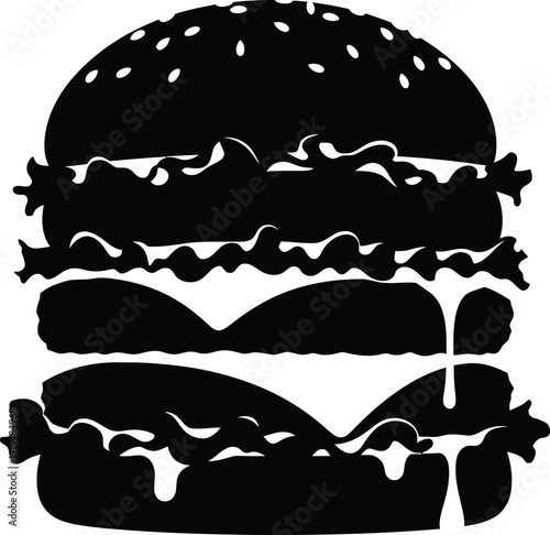 Black silhouette of a juicy double decker hamburger