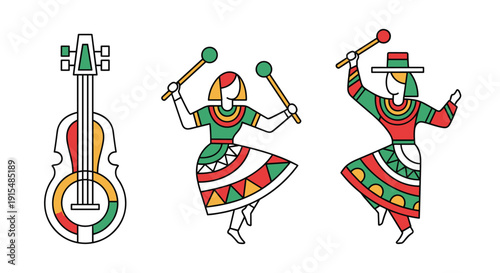 A modern set of three line art illustrations with colorful geometric patterns, featuring traditional dancers and a musical instrument.