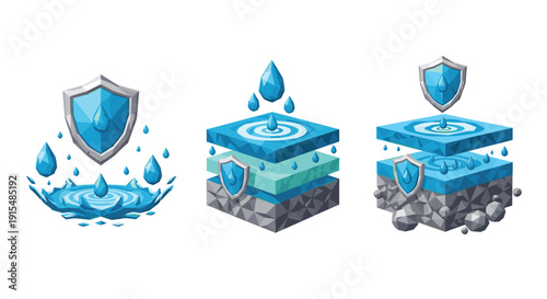 A set of three 3D low-poly icons illustrating water protection, purification, and multi-layer filtration system concepts.