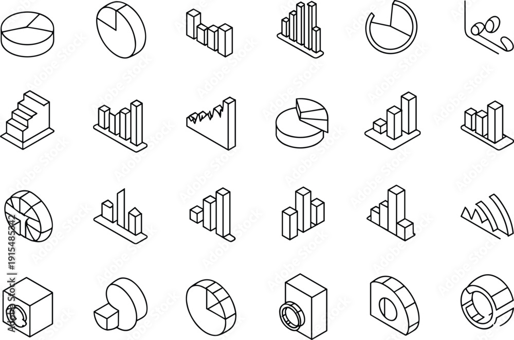 Fototapeta premium Data analytics chart icon set isometric line vector collection featuring graphs, statistics, reports, business analysis visualization design