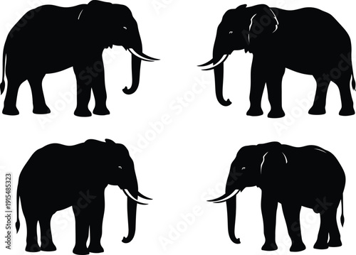 Four black silhouettes of elephants on white background