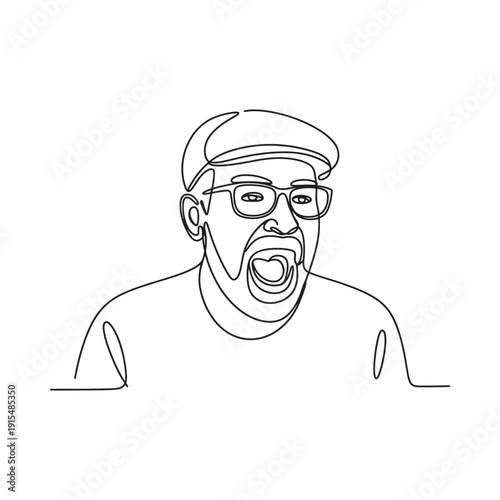 Line drawing of a man with a cap and glasses yelling