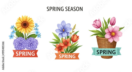 Vibrant spring flowers in colorful bouquets and pot
