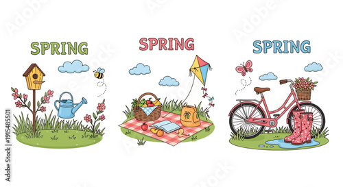 Vibrant spring scenes with gardening, picnic, and cycling activities