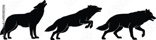 Three black silhouettes of wolves in different poses