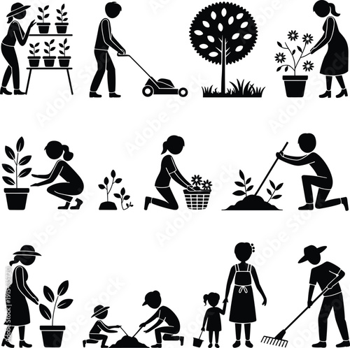 Gardening people silhouettes set, planting watering mowing raking activities, eco friendly lifestyle, nature care, outdoor hobby illustration collection