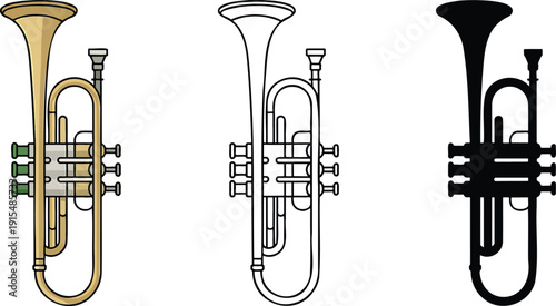 Trumpet silhouette & Outline and illustration set isolated on transparent background