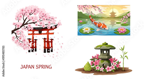 Vibrant Japanese spring scenery with cherry blossoms and koi fish