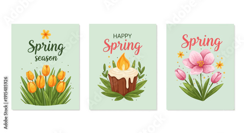 Vibrant spring posters with floral designs and seasonal greetings