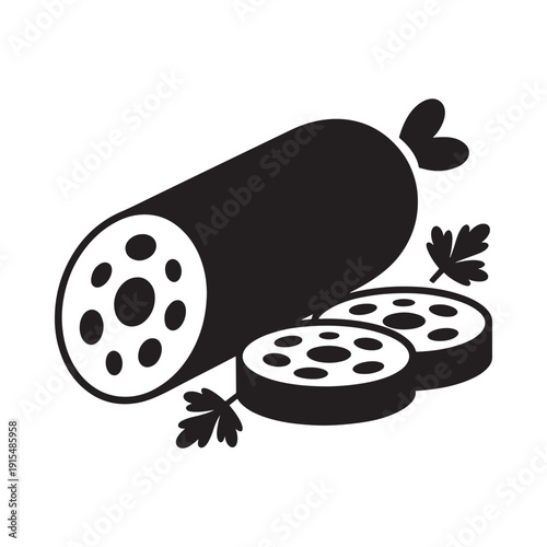 Black and white illustration of sliced sausage with parsley garnish