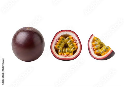 Whole and sliced passion fruit isolated on transparent background with detailed interior view