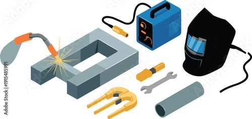 Isometric welding tools set with welding machine helmet torch metal work equipment industrial fabrication vector illustration collection
