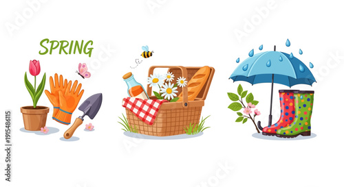 Vibrant spring elements including gardening tools and picnic basket