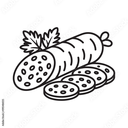 A black and white illustration of sausage with slices and garnish