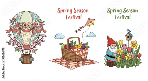 Vibrant spring festival scene with hot air balloon and picnic