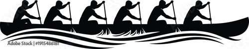 Black silhouette of a team of six athletes rowing a dragon boat or long canoe through waves during a competitive water sports race.