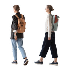 Full length portrait of a young woman walking isolated transparent PNG, student girl full body photo PNG with transparent background precisely cut out with clipping path.