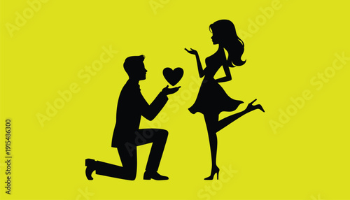 Romantic Proposal Silhouette of Man Giving Heart to Woman Vector Illustration