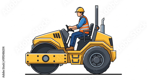 Construction Worker Operating Road Roller.