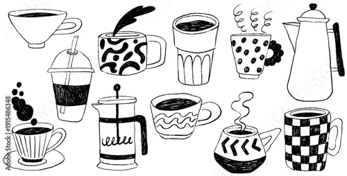 Hand drawn doodle chalk coffee set. Vintage crayon drawn coffee cups, filter, french press. Italian brunch and breakfast sketch ink elements. La dolce vita vector illustration for invitations, menu
