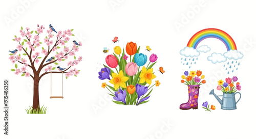 Vibrant spring flowers and rainbow illustration set