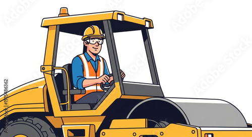 Construction Worker Operating Road Roller.