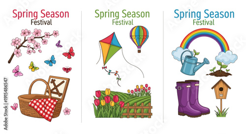 Vibrant spring season festival elements with flowers and rainbows