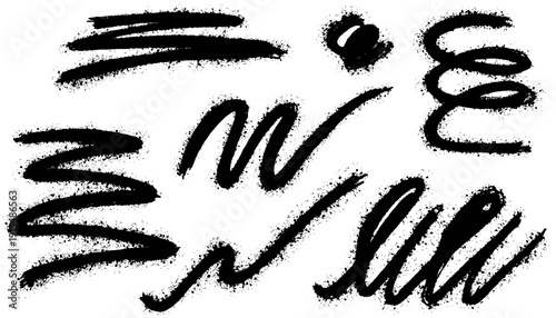 Graffiti spray paint splatters, squiggly lines with drips, strokes and underlines. Street art doodle scribble. Aerosol brush effect splash drip and splatter texture. Vector spray paint set