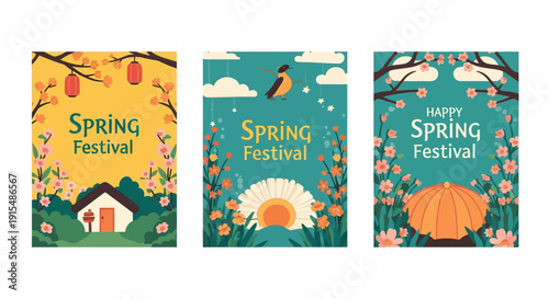 Vibrant spring festival posters with floral designs and cheerful themes