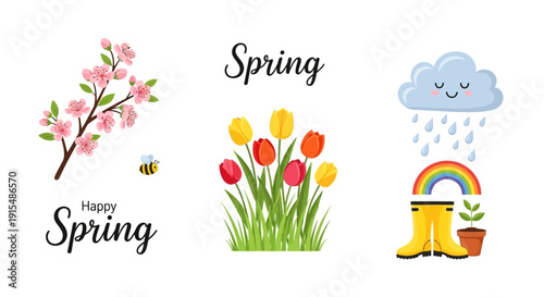 Vibrant spring flowers blooming with happy spring elements