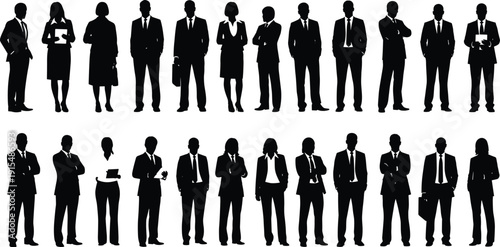 Large collection of black silhouettes featuring diverse business professionals and corporate employees in formal suits standing in rows isolated on white background for design.