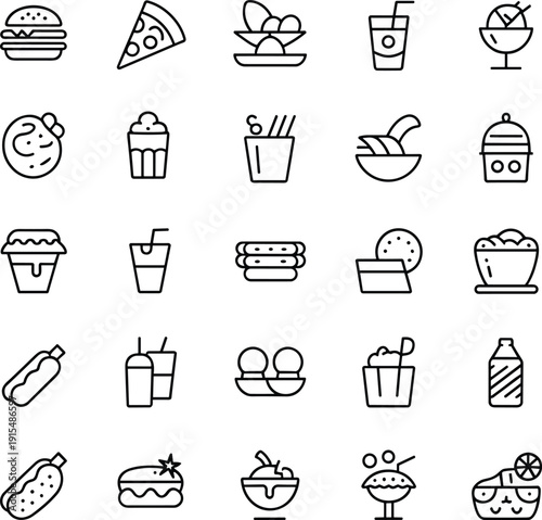 Fast food and dessert line icons set, burger pizza drinks snacks sweets restaurant menu vector outline collection pack