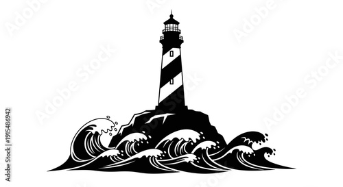 Lighthouse standing tall on rocky island surrounded by stormy sea waves.