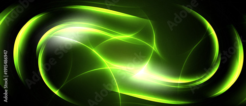 Bright green energy swirls, forming abstract oval shape. Dark background emphasizes luminous curves, creating dynamic visual effect.