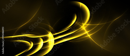 Golden light streaks flow across black background. Abstract design evokes energy, movement, dynamic visual impact. Simple yet elegant composition.