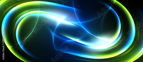 Bright abstract energy flows, swirling shapes. Vivid blue, green hues create dynamic visual impact. Light radiates from center.