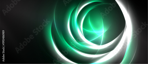 Abstract swirls, vibrant green glows, white lines create dynamic energy. Dark background emphasizes luminosity, modern design element.