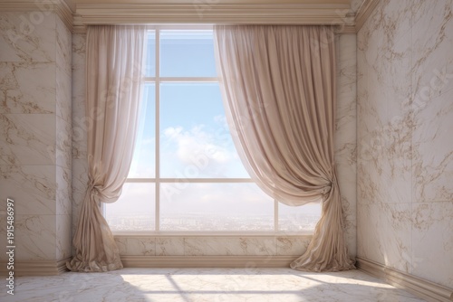 Elegant sheer and heavy drapery frame a large picture window overlooking a distant cityscape under a bright sky