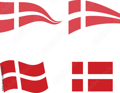 Set of stylized denmark flag illustrations in different waving styles