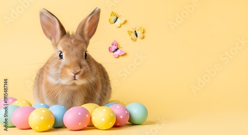 Brown bunny sitting with colorful easter eggs on yellow background with candy flying around