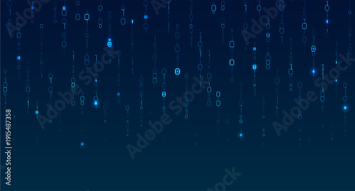 Binary code numbers fall in cascading data rain, creating digital matrix background with blue glowing streams and programming cyber technology aesthetic