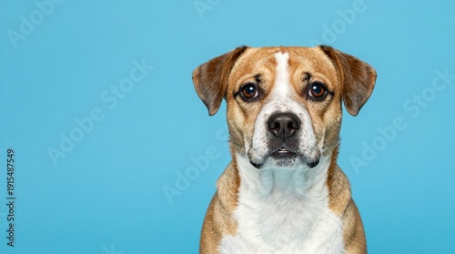 A brown and white dog with a curious expression against a blue background