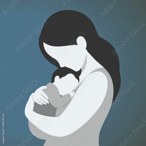 Emotional flat design of mother gently holding newborn baby. Perfect for maternal care, parenting support, newborn love, family intimacy, and motherhood concept designs.