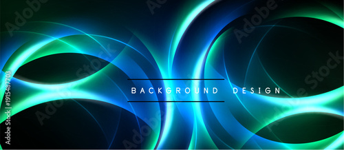 Abstract flowing lines, vibrant blue, green hues. Modern design, dynamic energy, dark background creates contrast. Elegant visual presentation.