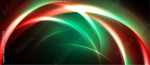 Abstract design features vibrant curves. Red, green, white hues blend, creating dynamic visual effect. Smooth lines suggest movement, energy.