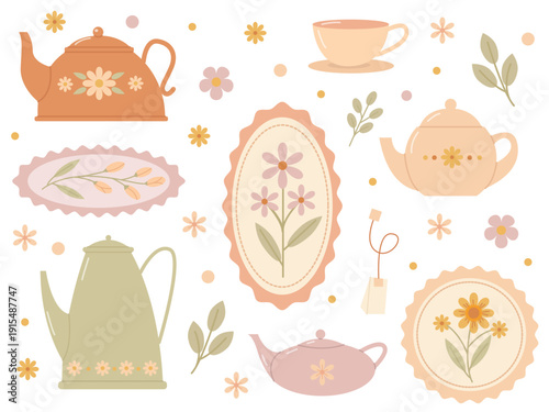 Vintage set with cute teapots, frames with flowers and leaves