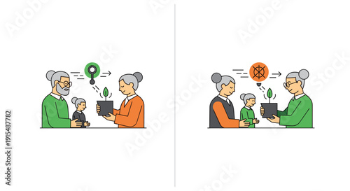 Two line art illustrations showing an elderly couple passing on knowledge and growth opportunities to a younger generation.