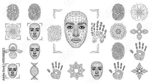 A comprehensive set of futuristic biometric identification icons, including fingerprints, facial recognition scans, and handprints.