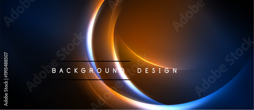 Abstract neon circles, blue, orange hues. Dark background creates vibrant contrast. Modern design element for digital projects.