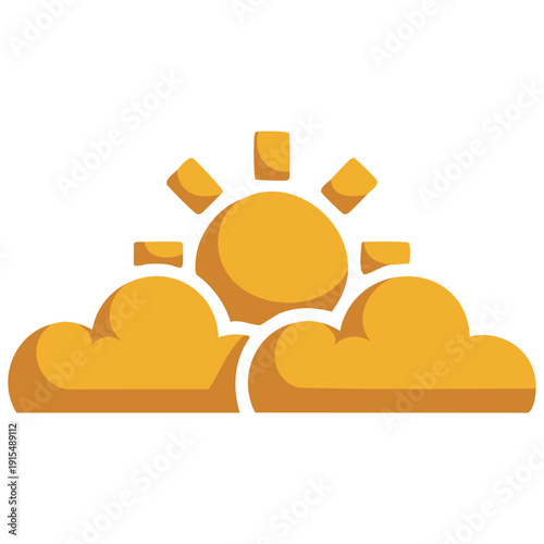 Weather symbol icon featuring bright sun and fluffy clouds in flat vector style isolated on white background